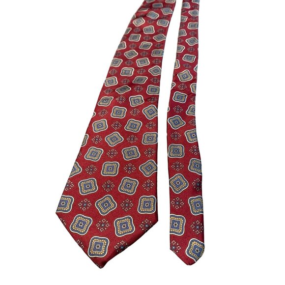 John Henry Mens Silk Tie Red Geometric Pattern Made in USA Necktie - Picture 1 of 5